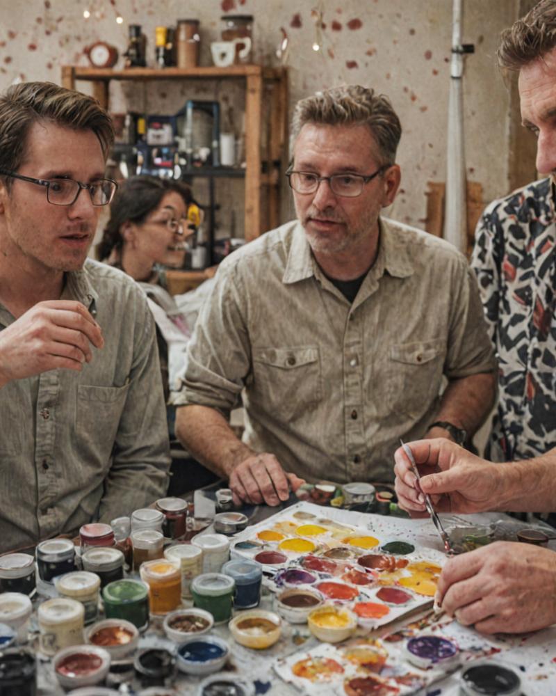 Team meeting discussing paint colors and materials